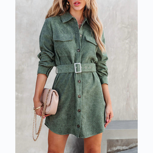 Color-Green-Autumn Winter Waist Tight Street Trendy Corduroy Dress-Fancey Boutique