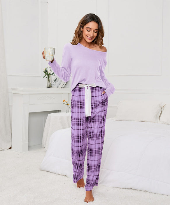 Color-Solid Color round Neck T Printed Checks Women Casual Suit Homewear Pajamas Women-Fancey Boutique