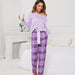 Color-Solid Color round Neck T Printed Checks Women Casual Suit Homewear Pajamas Women-Fancey Boutique