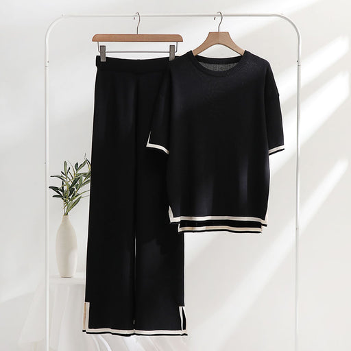 Color-Black-Classic Ice Silk Knitting Suit Women Spring Summer Two Piece Set Short Sleeve Stitching Casual Slimming Fashionable-Fancey Boutique