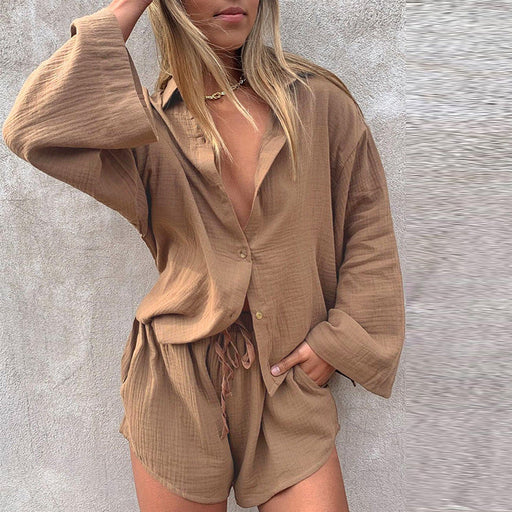Color-Women Clothing Loose Long Sleeve Shirt Casual Shorts Two-Piece Suit-Fancey Boutique