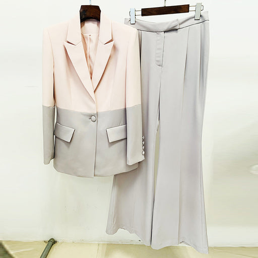 Color-Goods Business One Button Color Matching Mid Length Suit Bell Bottom Pants Suit Two Piece Blazer Suit Set-Fancey Boutique