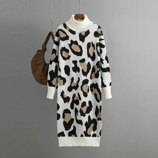 Color-Black-Autumn Winter Turtleneck Base Knitted Dress Leopard Print Maxi Dress for Women-Fancey Boutique