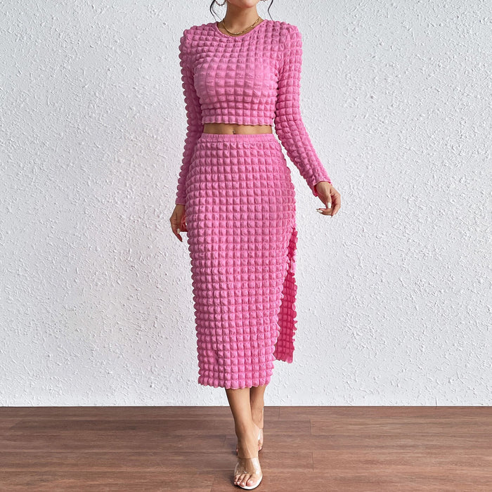 Color-Autumn Long Sleeve Slim round Neck Top Split Skirt Set-Fancey Boutique