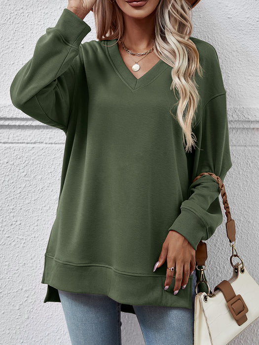 Color-Autumn Winter Women Clothing Sweater Solid Color V Neck Split Front Short Back Long Blouse-Fancey Boutique