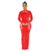 Color-Red-Women Wear Mesh See Through Drilling Long Sleeve Lining Two Piece Set-Fancey Boutique