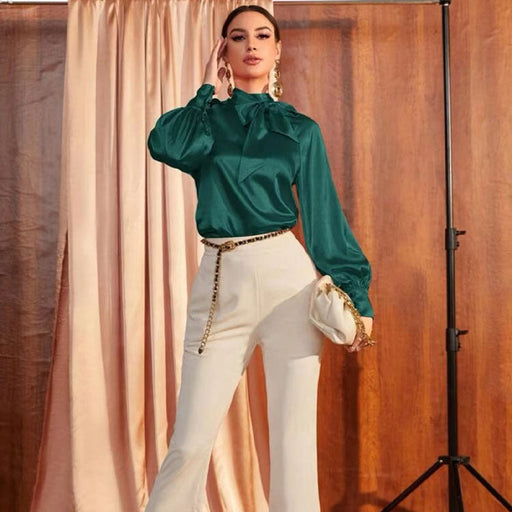 Color-Women Shirt Autumn Elegant Solid Color Satin Long Sleeve Bow Collar Women Top-Fancey Boutique