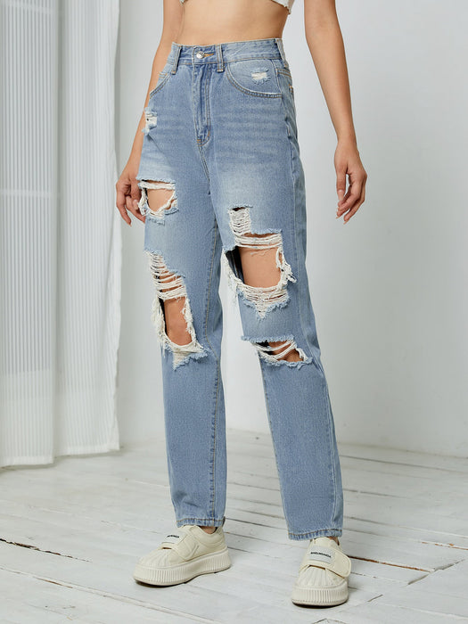 Color-Straight Leg Pants Washed Broken Holes Pants High Waist Jeans-Fancey Boutique