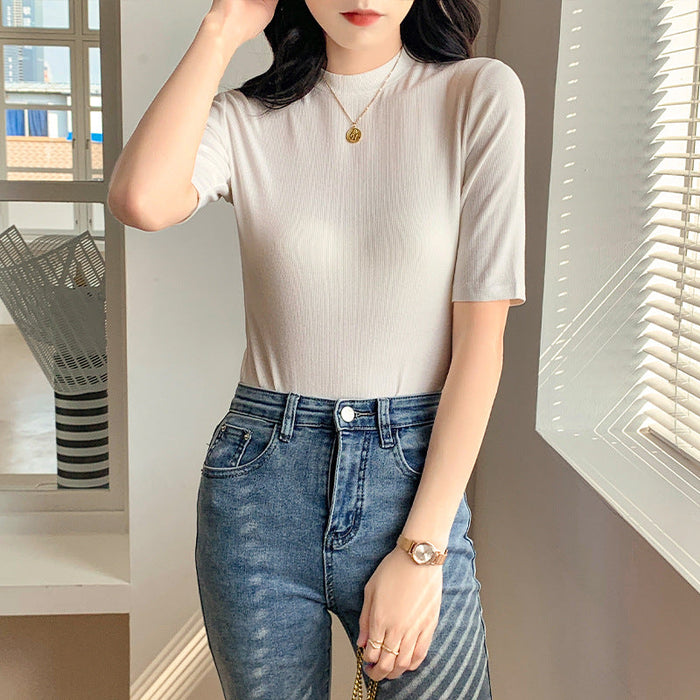 Color-Thread High Elastic White T shirt Women Short Sleeve Summer Slim Fit round Neck Half Sleeve T shirt Stand Collar Top-Fancey Boutique