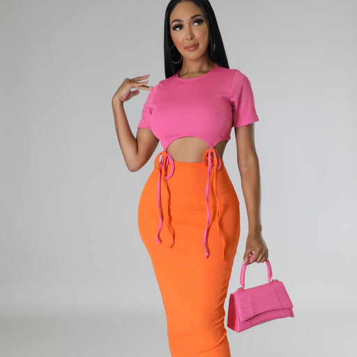Color-Summer Solid Color Short Sleeve Cropped Top Two Way Hip Package Slim Fit Maxi Skirt Set-Fancey Boutique