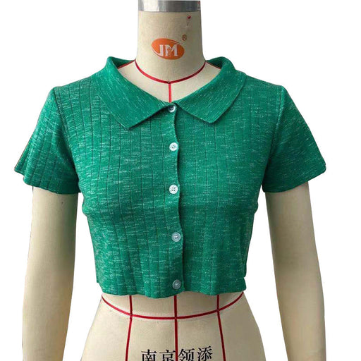 Color-Green-Women Polo Shirt Green Collared Knitwear Sweater Small Cardigan Cropped Short Sleeve Short Sleeve-Fancey Boutique