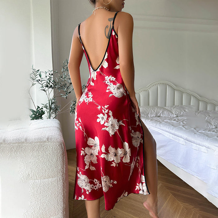 Color-Sexy Print Suspender Summer Thin Breathable Imitated Silk Pajamas Women Backless Slit Slip Nightdress-Fancey Boutique