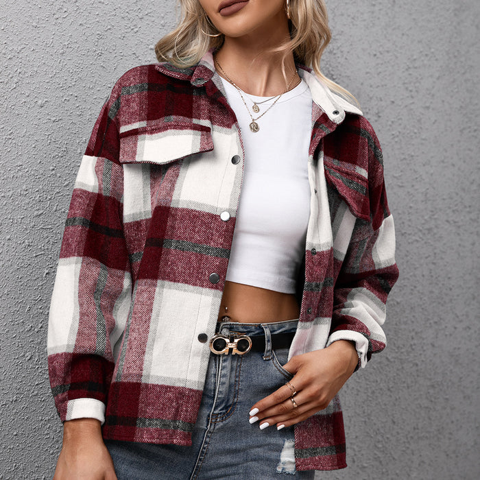 Color-Thickened Cashmere Long-Sleeved Plaid Jacket Loose Casual shacket Jacket Plush Plaid Jacket Coat for Women-Fancey Boutique