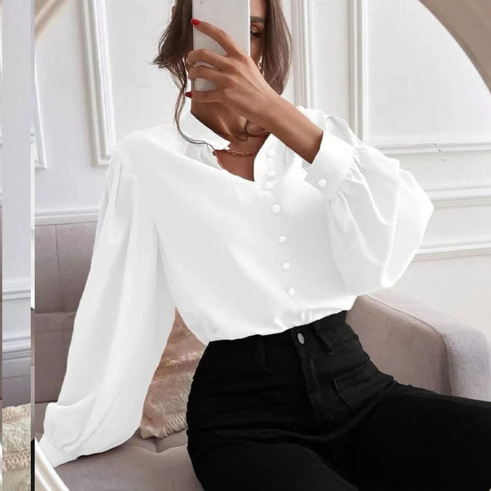 Color-White-Women Shirt Autumn Elegant Solid Color Collared Long Sleeve Single Row Button Loose Women Top-Fancey Boutique