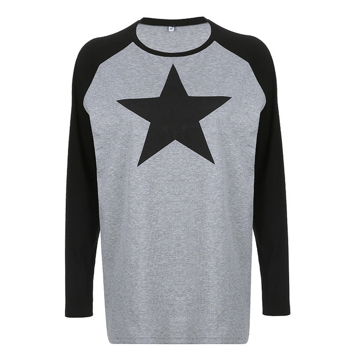 Color-Gray-Five Pointed Star Retro Raglan Color Contrast Long Sleeve T Shirt Women Old Neutral Lazy Casual Loose Pullover Top-Fancey Boutique