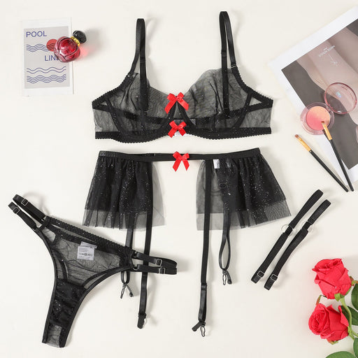 Color-Black-Lace Hollow Out Cutout Sexy Maiden Lace Mesh Stitching Bow Underwear Three Piece Set-Fancey Boutique