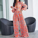 Color-Orange-Spring Summer Women Sexy Pleated Long Sleeve Shirt Loose Trousers Printing Suit-Fancey Boutique
