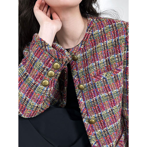 Color-Multi-High Grade Old Money Wine Red Contrast Color Check Woven Chanel Coat Women Swing Gold Top-Fancey Boutique