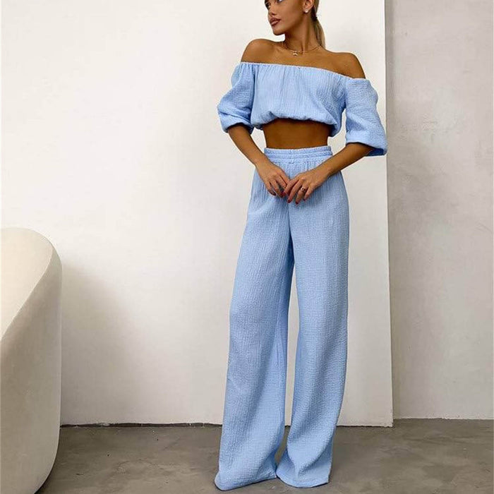 Color-Two Piece Women Summer Pure Cotton Champray Solid Color off Neck Short Sleeved Top High Waist Wide Leg Pants Casual Suit-Fancey Boutique