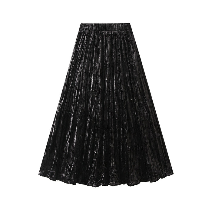 Color-Pleated Velvet Skirt Women Autumn Winter High Waist A Line Skirt Mid Long Slim Pleated Skirt-Fancey Boutique
