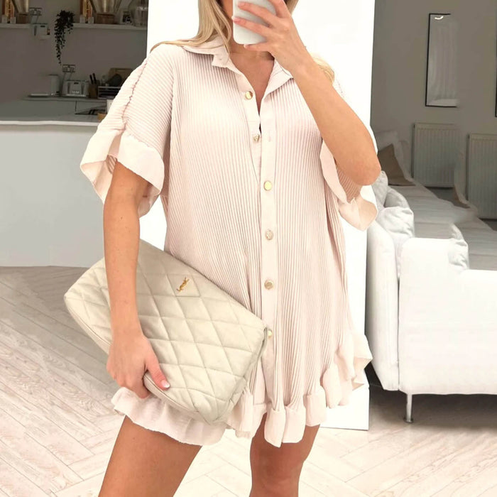 Color-Shorts Short Sleeved Shirt Two Piece Women Loose Pleated Wooden Ear Casual sets-Fancey Boutique