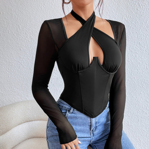 Color-Sexy Cross Halterneck Low Cut See through Long Sleeved T shirt Steel Ring Boning Corset Waist Top-Fancey Boutique