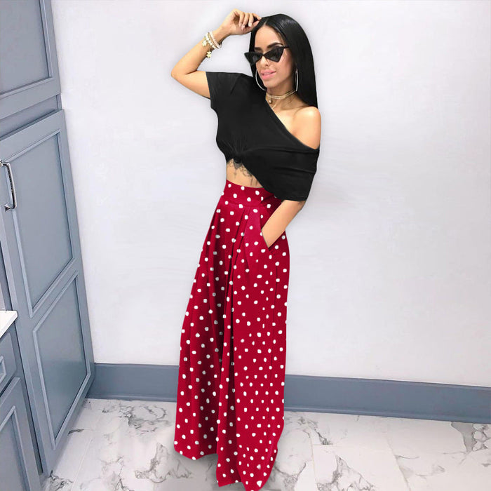 Color-Red Polka Dot-Personality Houndstooth Printed Flared Pants Wide Leg Casual Pants Autumn Winter Wide Leg Pants Plus Size-Fancey Boutique