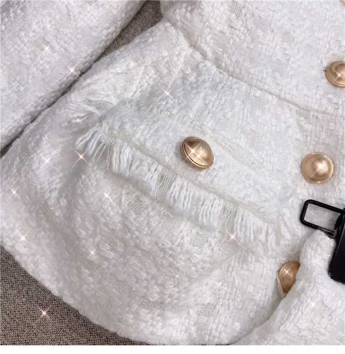 Color-Autumn Winter Chanel-Style White Shiner Tweed Coat Jacket Shorts Suit Two-Piece Set-Fancey Boutique