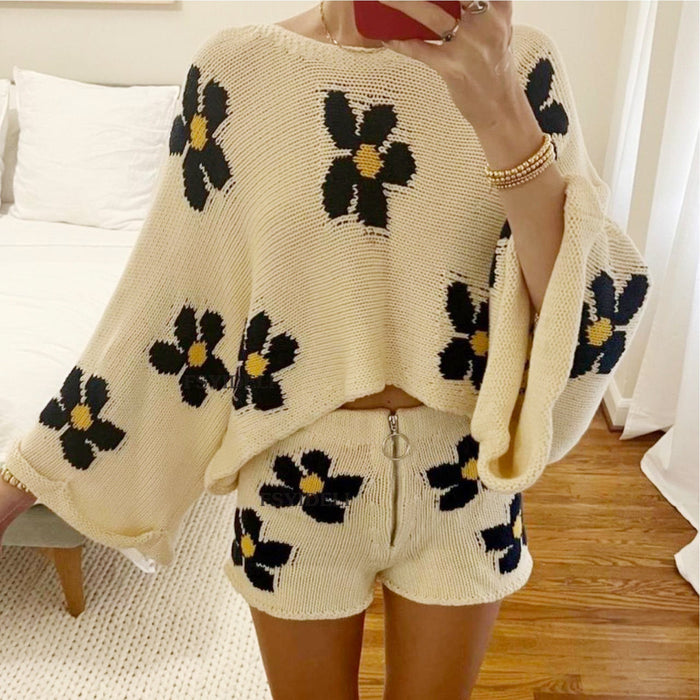 Color-Women Clothing Floral Print Long Sleeved Woolen Shorts Home Wear Two Piece-Fancey Boutique