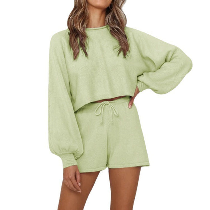 Color-Green-Women Clothing Autumn Winter Lantern Sleeve Sweater Shorts Solid Color Homewear Suit-Fancey Boutique