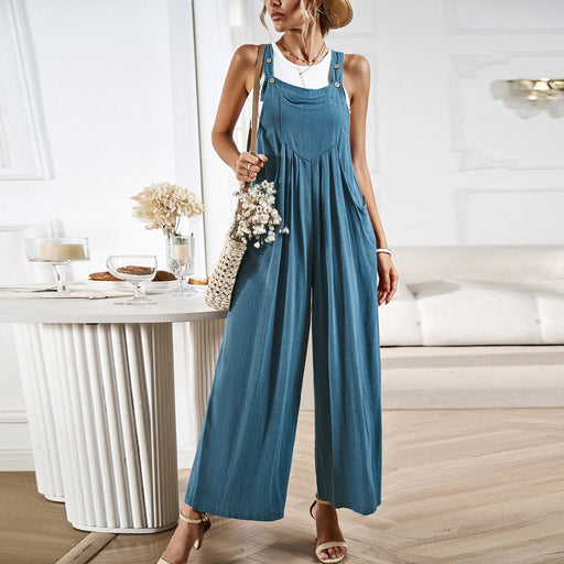 Color-Turquoise-Solid Color Suspender Pants Women Summer Loose Wide Leg One Piece Trousers-Fancey Boutique