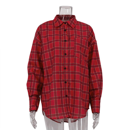 Color-Red-Autumn Women Clothing Red Pattern Shirt outside Women Casual Loose Long Sleeve Shirt-Fancey Boutique