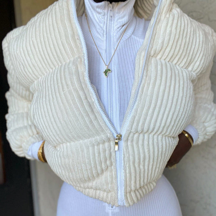 Color-Women Clothing Autumn High Neck Long Sleeve Zipper Drawstring Thermal Cotton Coat Coat Top-Fancey Boutique