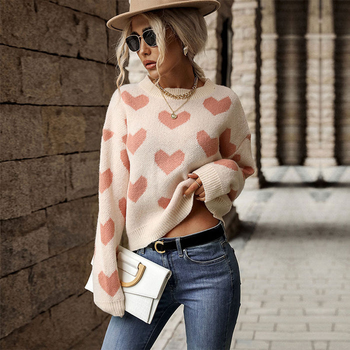 Color-Autumn Winter Fashionable Knitted Casual Love Long Sleeved Pink Sweater-Fancey Boutique