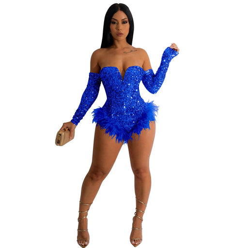 Color-Blue-Women Wear Solid Color Sequin Long Sleeve Shorts Jumpsuit Women-Fancey Boutique