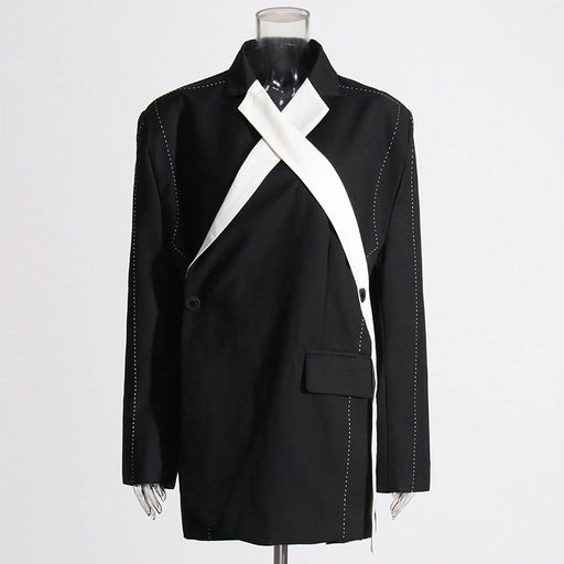 Color-Black-Black White Stitching Personalized Blazer Women Autumn Color Contrast Loose Design Thick Thread Design Coat-Fancey Boutique