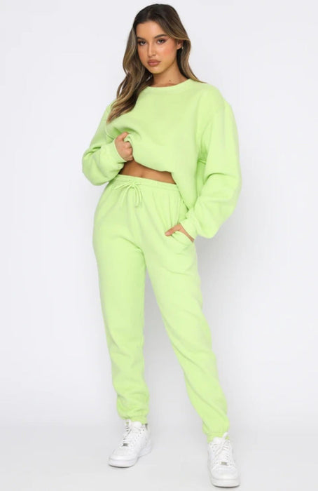 Color-fluorescent green-Autumn Winter Solid Color round Neck Pullover Women Casual Long Sleeve Sweater Suit-Fancey Boutique