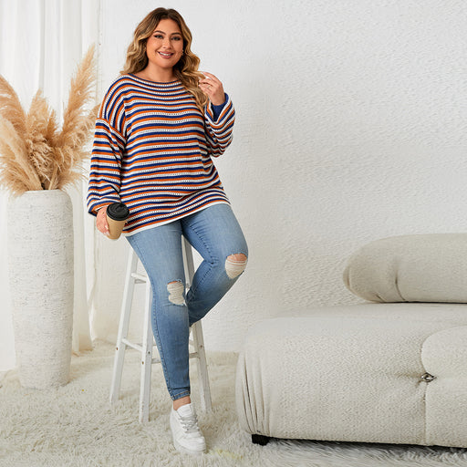 Color-Plus Size Women Clothes Striped Loose round Neck Pullover Top Women Clothing-Fancey Boutique