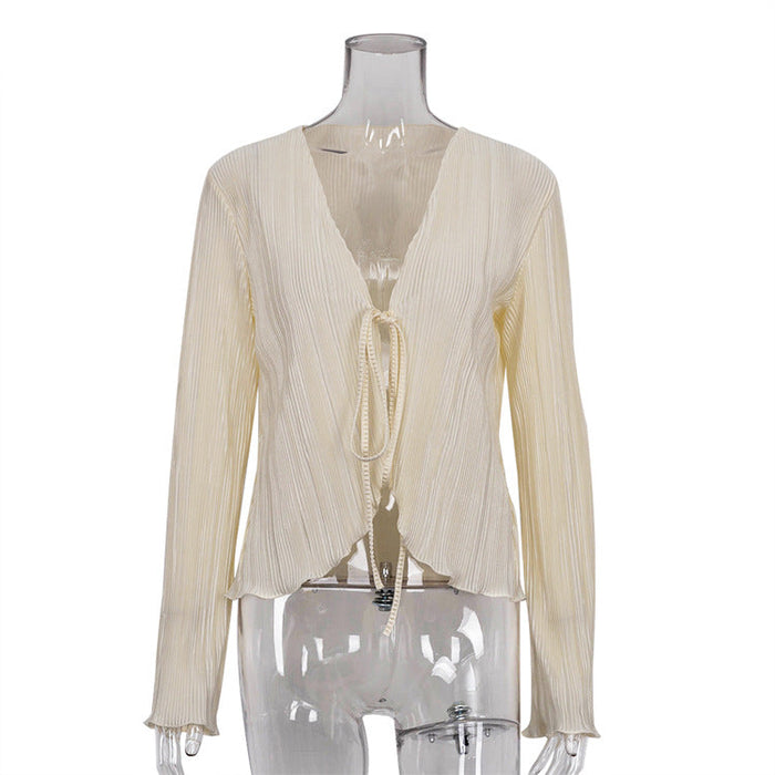 Color-Ivory-Summer Cardigan Lace-up Sexy Slim Flared Long Sleeve Pleated Shirt Women French textured-Fancey Boutique