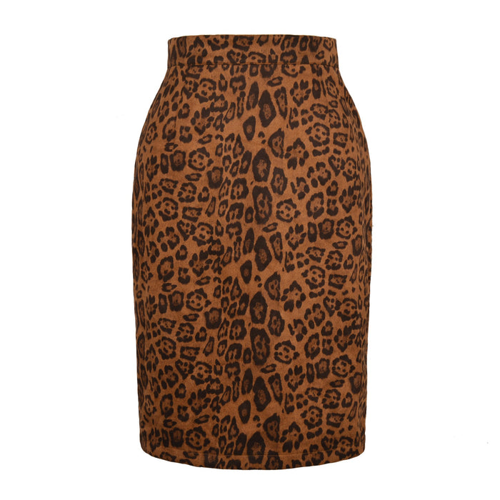 Color-Khaki-Autumn Winter Smiley Face Leopard Suede Skirt Women Sexy High Waist Printed Midi Skirt Women Clothing-Fancey Boutique