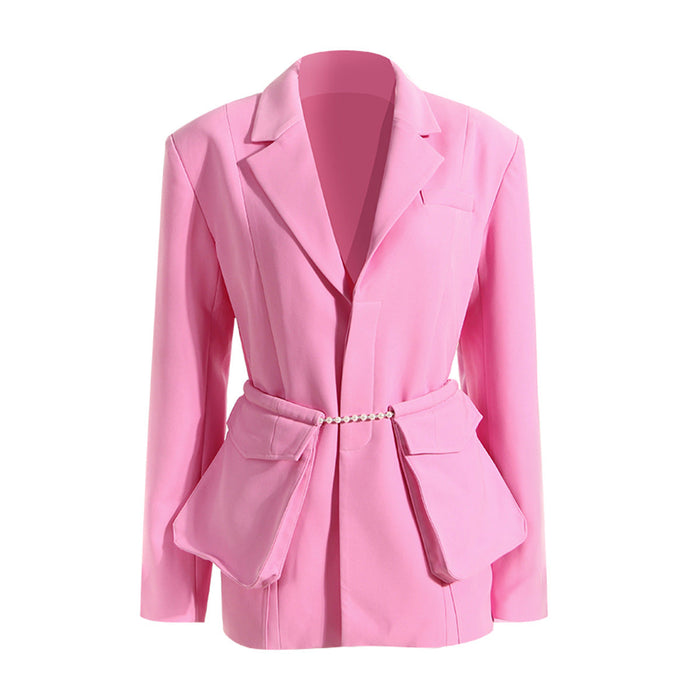 Color-Pink Women Spring Pearl Chain Large Pocket Decoration Slim Fit Thin Looking Blazer-Fancey Boutique