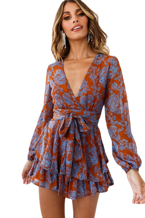 Color-New Floral Digital Women Printed Wear V-neck Long-Sleeved Summer Pantskirt Romper-Fancey Boutique