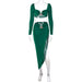 Color-Green-Fall Women Suit Sexy Slim Fit Cropped Stitching Tube Top Long Sleeve Slit Sheath Skirt-Fancey Boutique