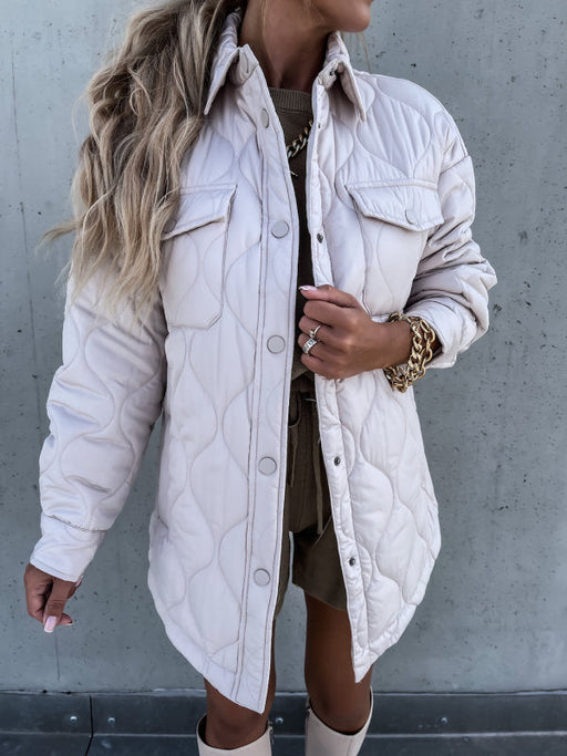 Color-White-Autumn Winter Plaid Casual Trend Collared Single Breasted Cotton-Padded Coat-Fancey Boutique