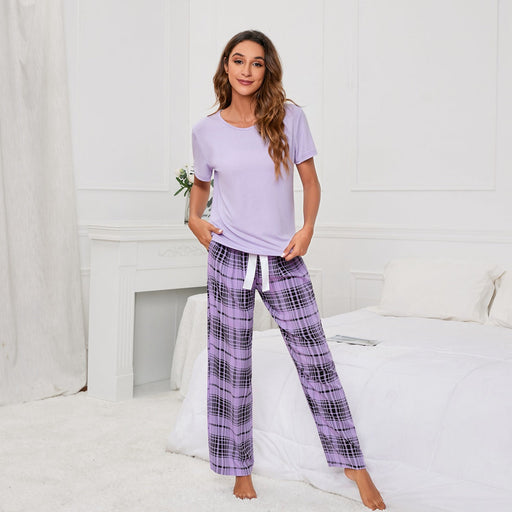 Color-Solid Color round Neck T Printed Checks Women Casual Suit Homewear Pajamas Women-Fancey Boutique