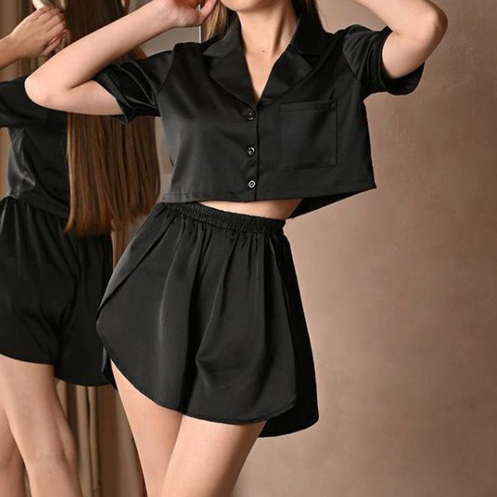 Color-Black-Pajamas Women Set Winter Black Turn down Collar Shorts Can Be Worn outside Split Casual Homewear-Fancey Boutique