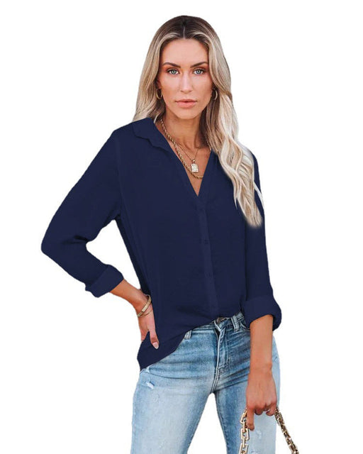 Color-Navy Blue-Women Clothing Autumn Winter Casual Loose Long Sleeve Buckle V neck Shirt Top-Fancey Boutique