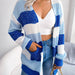 Color-Blue-Autumn Winter Striped Lantern Sleeve Casual Cardigan Sweater Coat Women Clothing-Fancey Boutique