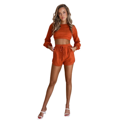 Color-Orange-Autumn Winter Sexy Solid Color round Neck cropped Baring Long Sleeve Women Casual Shorts Suit-Fancey Boutique