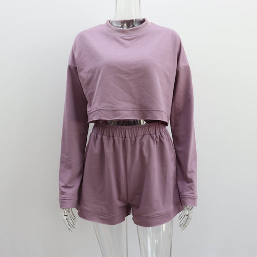 Color-Purple-Casual Loose Sports sets Women Long Sleeve Sweater Top Shorts Two Piece Set Solid Color Homewear-Fancey Boutique